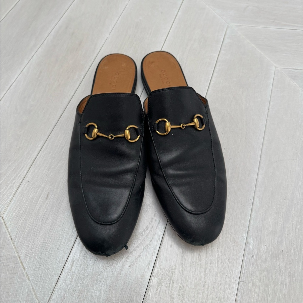 Gucci Black Leather Slides with Gold Detail